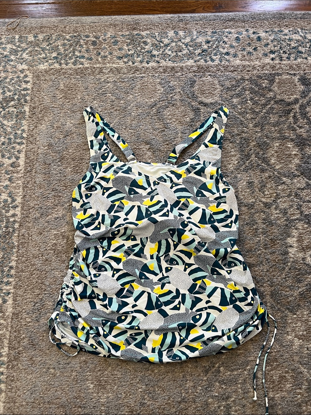 Lands' End Women's Fish-Print Tankini Top in White, Green, and Yellow